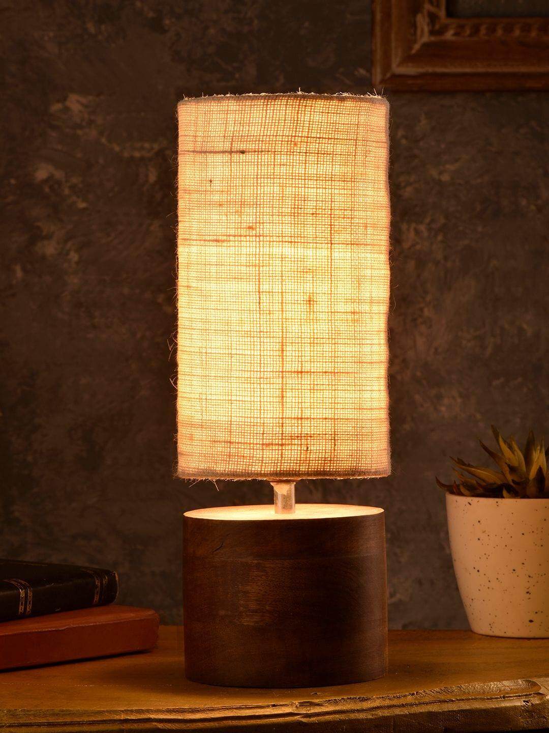 Wooden Log Table Lamp with White Jute Shade