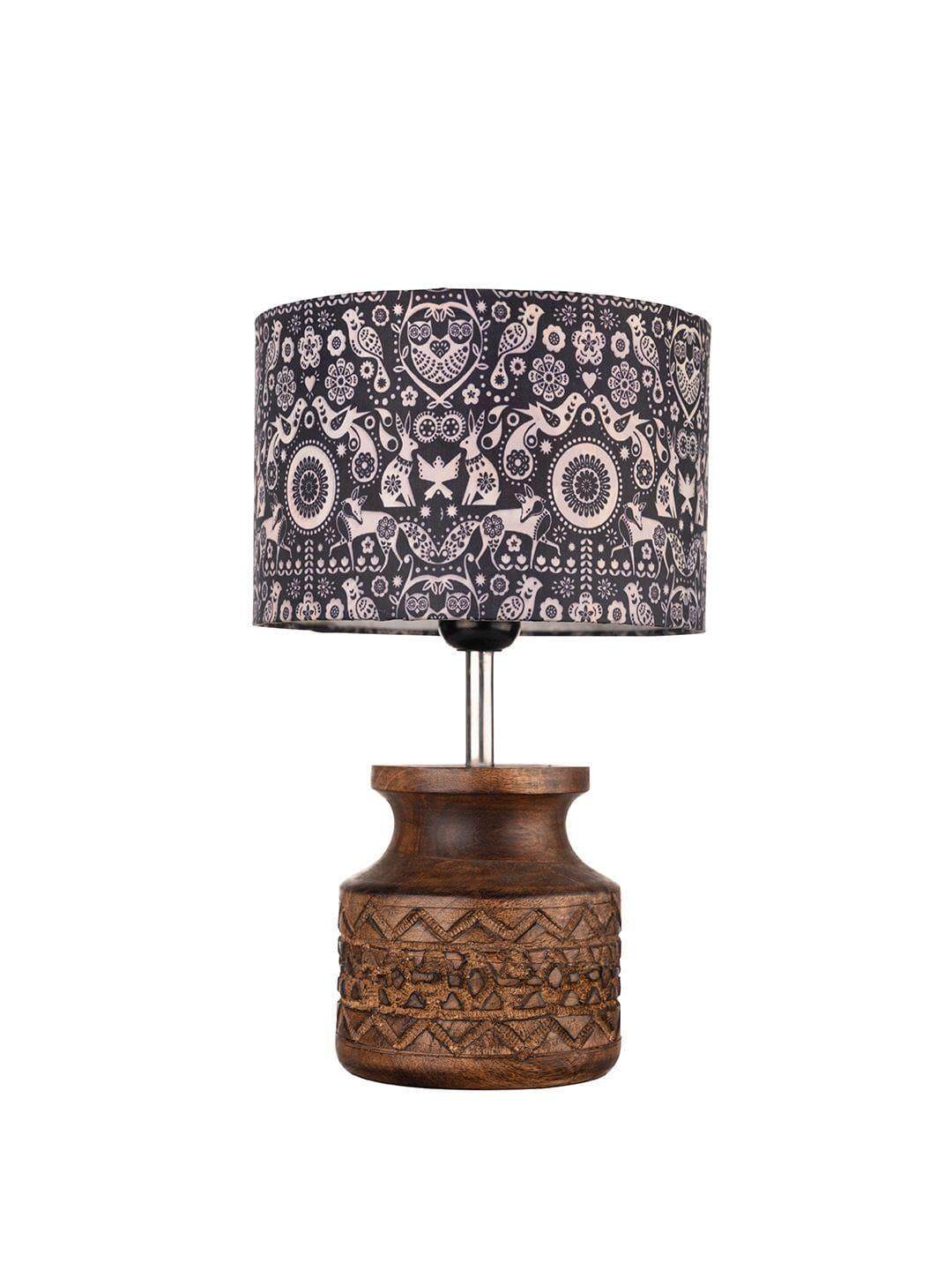 Wooden Carved Lamp with Indian Art Multicolor Shade