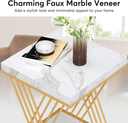 Tribesigns Faux Marble End Table White Gold, 2-Tier Small Side Table with Metal Frame, Bedside Table for Sofa, Couch, Living Room