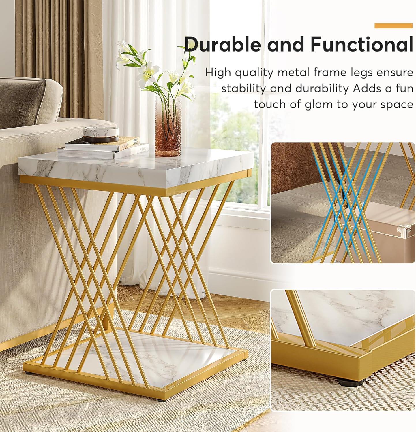 Tribesigns Faux Marble End Table White Gold, 2-Tier Small Side Table with Metal Frame, Bedside Table for Sofa, Couch, Living Room