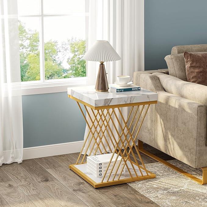 Tribesigns Faux Marble End Table White Gold, 2-Tier Small Side Table with Metal Frame, Bedside Table for Sofa, Couch, Living Room