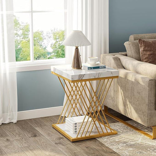 Tribesigns Faux Marble End Table White Gold, 2-Tier Small Side Table with Metal Frame, Bedside Table for Sofa, Couch, Living Room