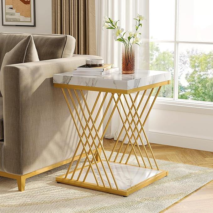 Tribesigns Faux Marble End Table White Gold, 2-Tier Small Side Table with Metal Frame, Bedside Table for Sofa, Couch, Living Room