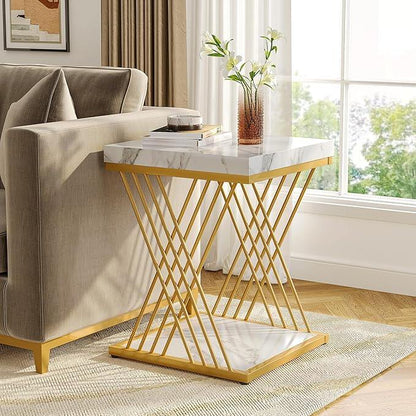 Tribesigns Faux Marble End Table White Gold, 2-Tier Small Side Table with Metal Frame, Bedside Table for Sofa, Couch, Living Room