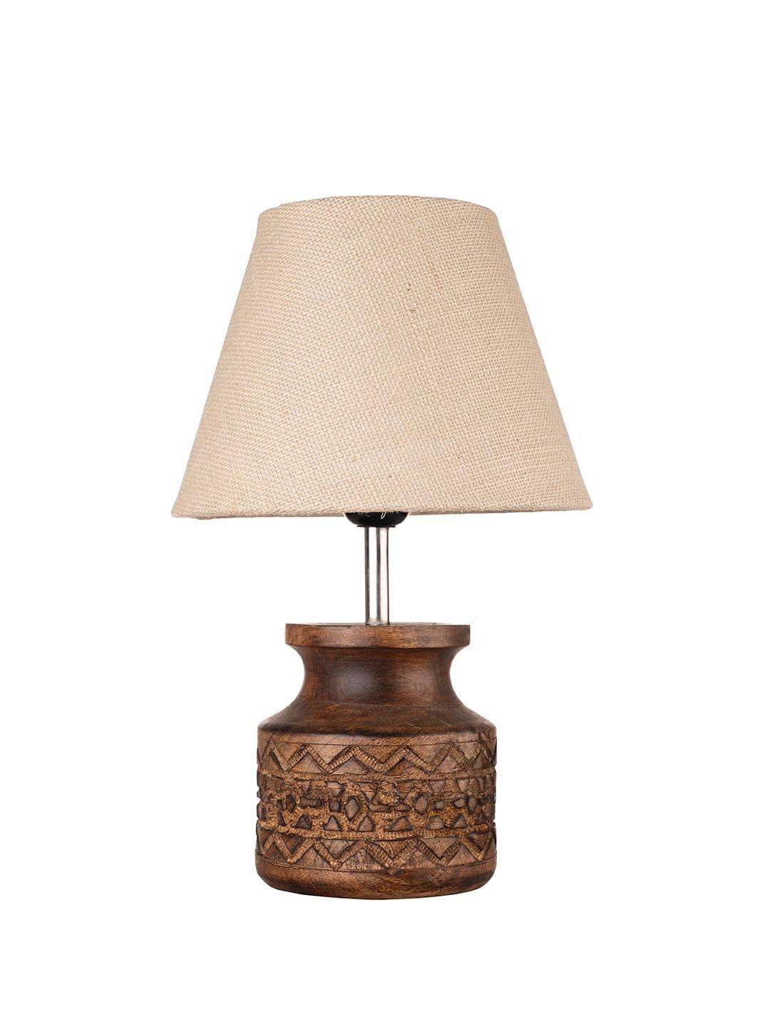 Wooden Carved Lamp with Taper Jute White Shade