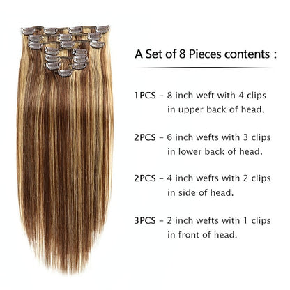 Clip In Hair Extensions Human Hair 8pcs Pack Straight Natural Color Hair Extensions
