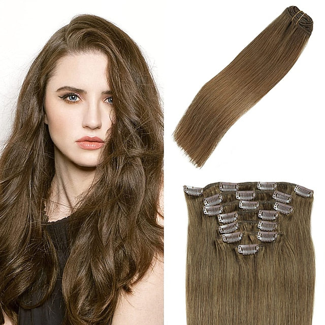 Clip In Hair Extensions Human Hair 8pcs Pack Straight Natural Color Hair Extensions