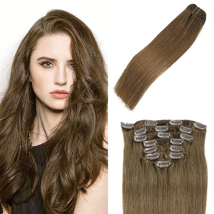 Clip In Hair Extensions Human Hair 8pcs Pack Straight Natural Color Hair Extensions
