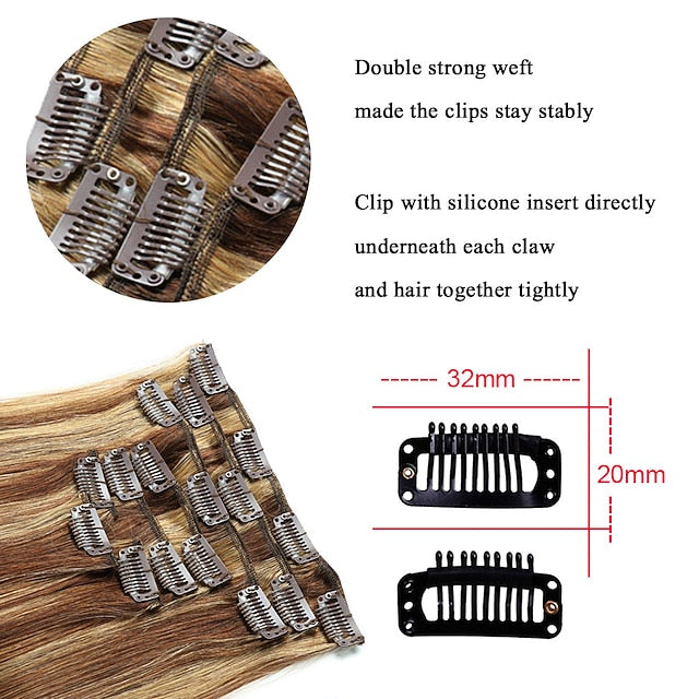 Clip In Hair Extensions Human Hair 8pcs Pack Straight Natural Color Hair Extensions