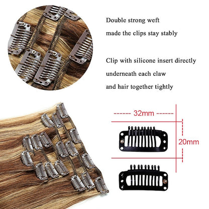 Clip In Hair Extensions Human Hair 8pcs Pack Straight Natural Color Hair Extensions