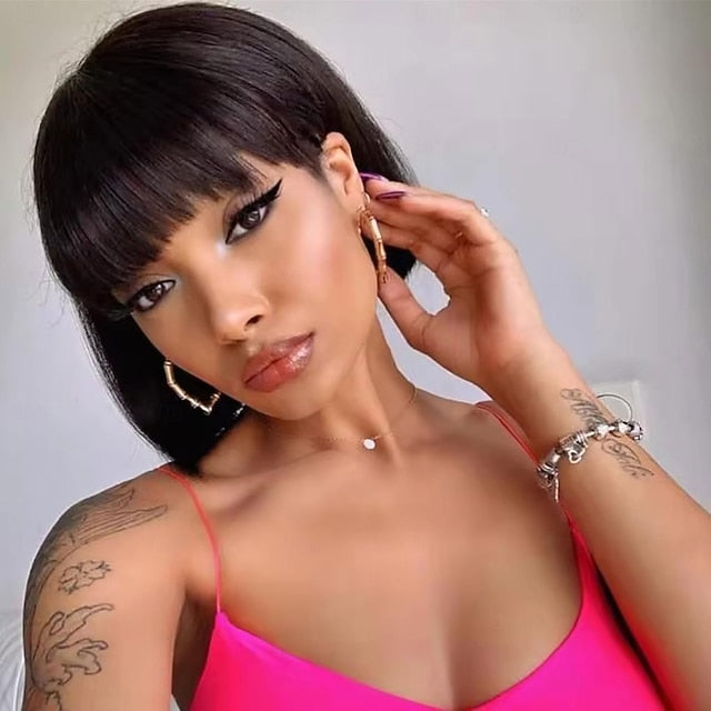 Machine-made BOBO Human Hair Wig Straight Human Hair 150% Density For Black Women
