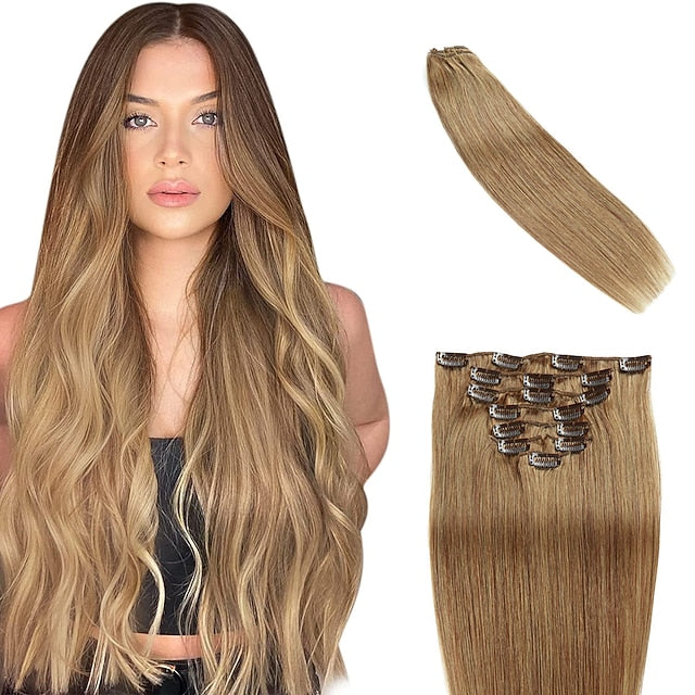 Clip In Hair Extensions Human Hair 8pcs Pack Straight Natural Color Hair Extensions