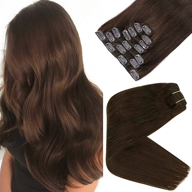 Clip In Hair Extensions Human Hair 8pcs Pack Straight Natural Color Hair Extensions