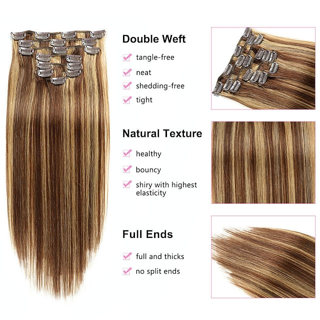Clip In Hair Extensions Human Hair 8pcs Pack Straight Natural Color Hair Extensions