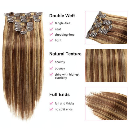 Clip In Hair Extensions Human Hair 8pcs Pack Straight Natural Color Hair Extensions